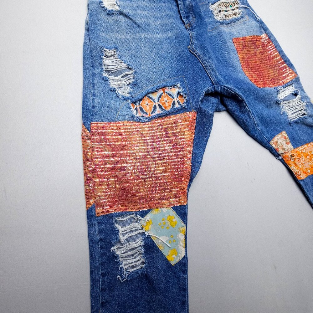 Free People High Rise Patchwork Jeans - Blue and Multicolor - Picture 7 of 14
